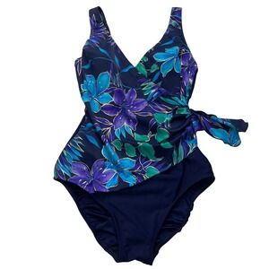 Longitude Swimsuit Womens 14 Blue Floral Wrap Sarong One Piece Metallic 16181